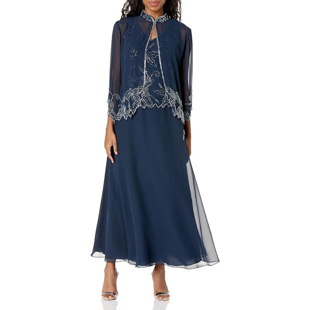 J Kara Women's 18 Blue Beaded Long Jacket Dress Formal Mother of the Bride J9-3